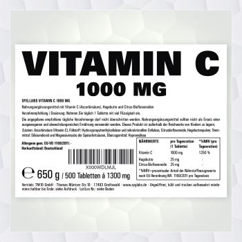 Syglabs Vitamin C 1000mg 500 Tabletten - mit Hagebutte und Bioflavonoiden